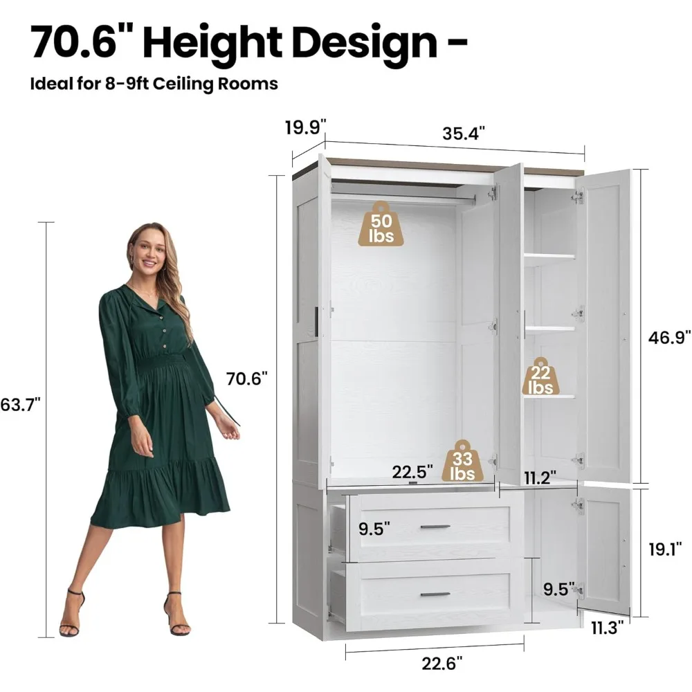 خزانة ملابس قائمة بذاتها 70.6 ساعة، خزانة ملابس طويلة القامة 3 أبواب مع قضيب تعليق، أدراج، غلاف مكعب قابل للتعديل #2