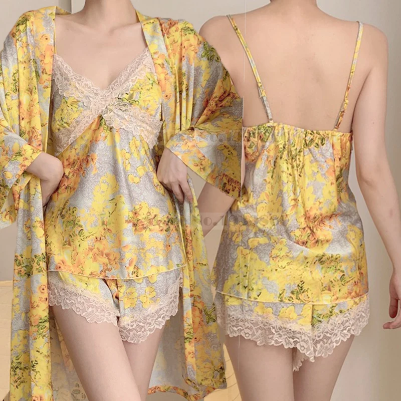 

Yellow Print Flower Sleepwear Kimono Bathrobe Gown Robe Set Nightgown New Summer Female 2Pcs Loose Silk Satin Home Dressing Gown