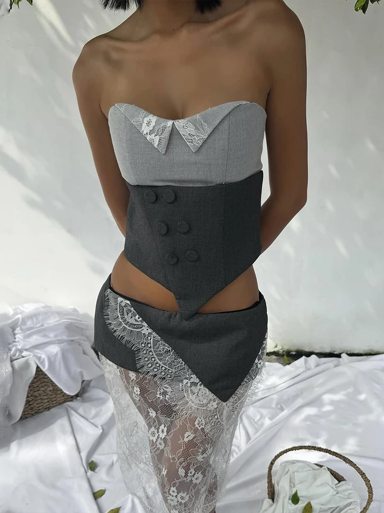 Nibber Hottie Patchwork 2-Teiliges Set Frauen Trägerlosen Taste Unregelmäßigen Saum Top + Spitze Jacquard Rock Sexy Dünne Mode outfits