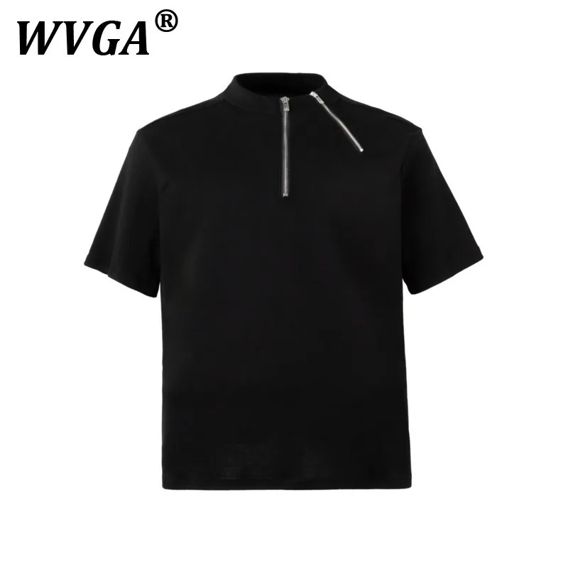 

WVGA Summer New Men's Tide High Street Half-Zipper Design Small Neckline T-shirt Niche Loose Chic Casual Short Sleeve Tops W7248