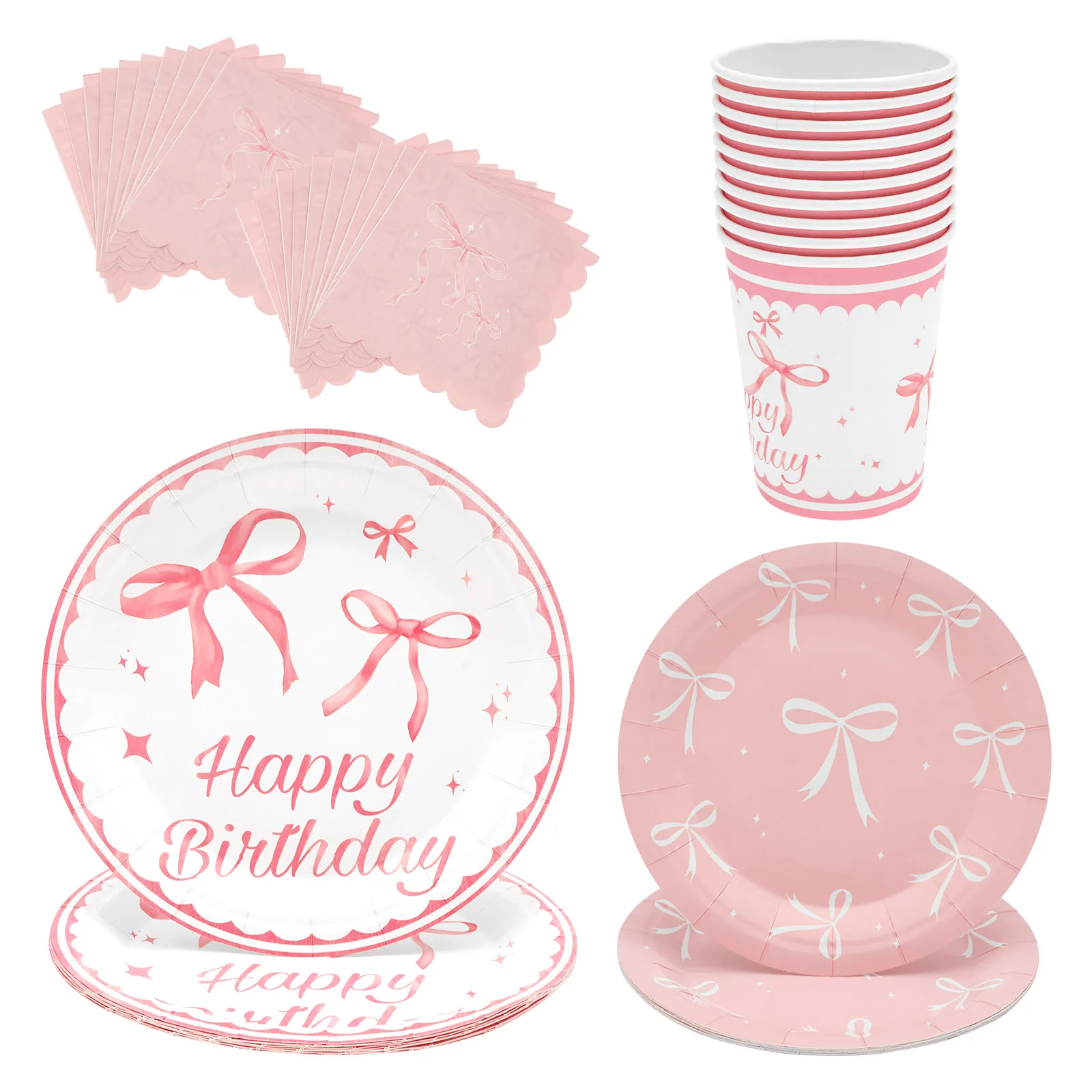 50 Pcs Disposable Pink Bow Birthday Decorations Includes Bow Plates Napkins Cups Tableware Sets for Birthday Decorations