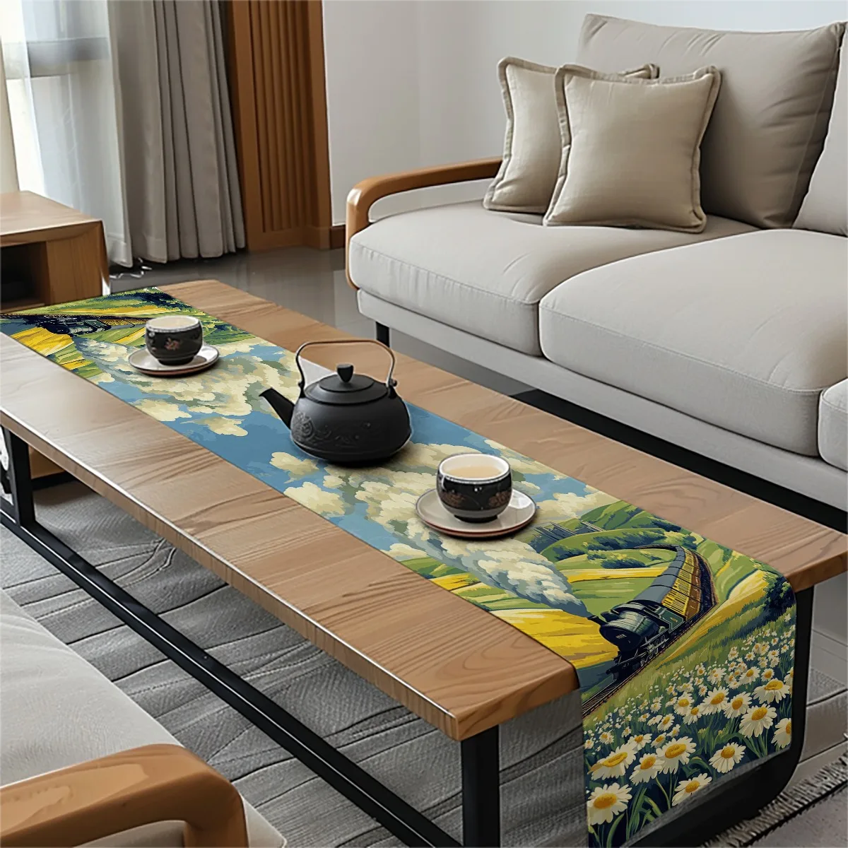 decor table runner Daisy Floral Pattern Impressionist Style tablecloths for Housewarming,Occasions,Outdoor Gatherings,Indoor Roo