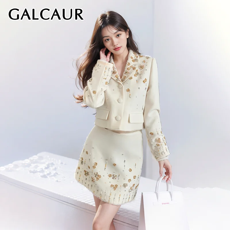 

GALCAUR Patchwork Diamonds Two Piece Set For Women Lapel Long Sleeve Top High Waist Bodycon Skirt Elegant Sets Female Spring New