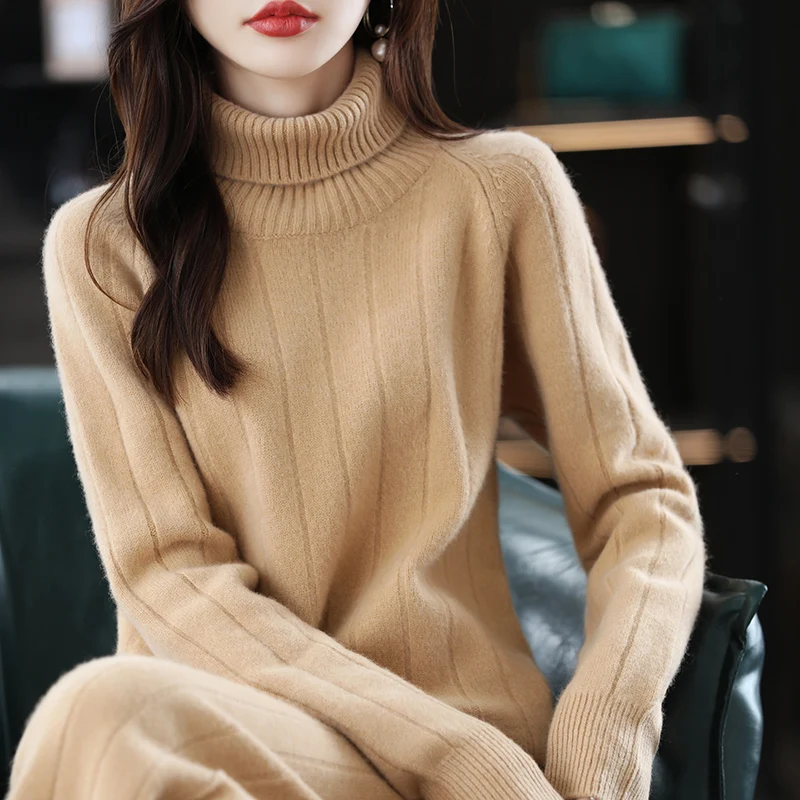 Cashmere Suit For Women In Autumn And Winter Turtle Neck Wide-Leg Pants Loose Fashion Two-Piece Wool Sweater Straight Size