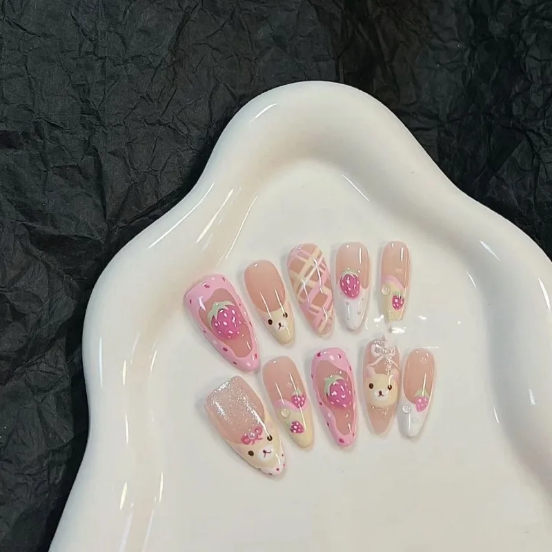 10Pcs Almond Press on Nails with Pink Strawberry Bear Design Akrylowe sztuczne paznokcie Cute French Full Cover Nail Tips Summer Girl