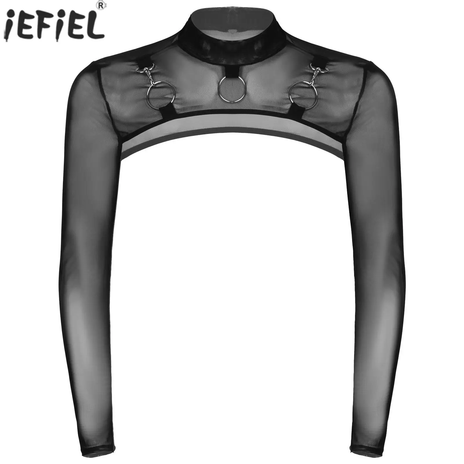 

Sexy Lingerie Mens Exotic Tank Tops Mock Neck Long Sleeve O-Ring T-Shirt See-Through Mesh Half Cropped Top Erotic Party Clubwear