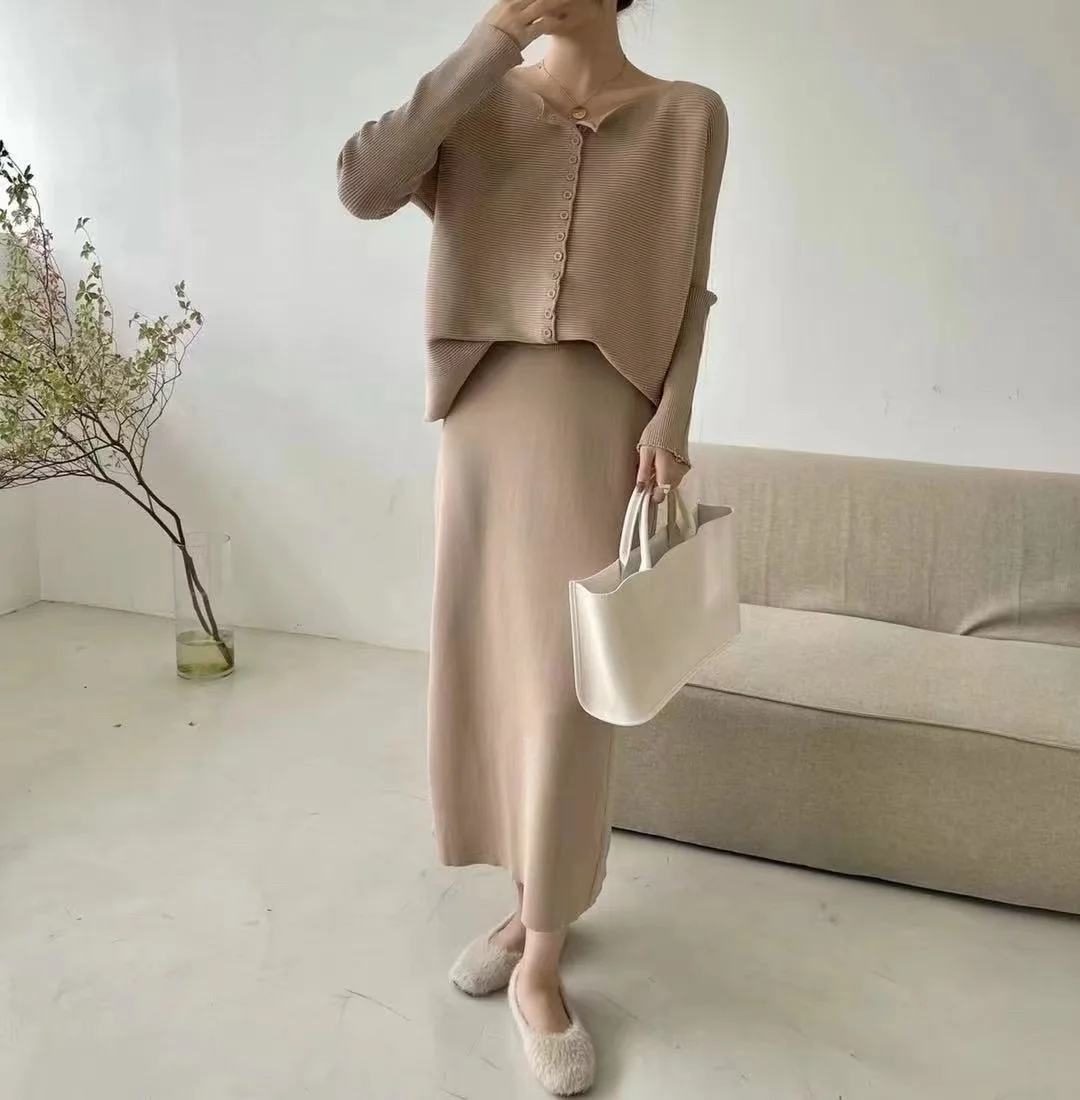 New Autumn Korean Fashion Knitted Two Piece Set for Women Casual Loose Cardigan Sweater + Split Midi Skirt Sets Elegant Suits