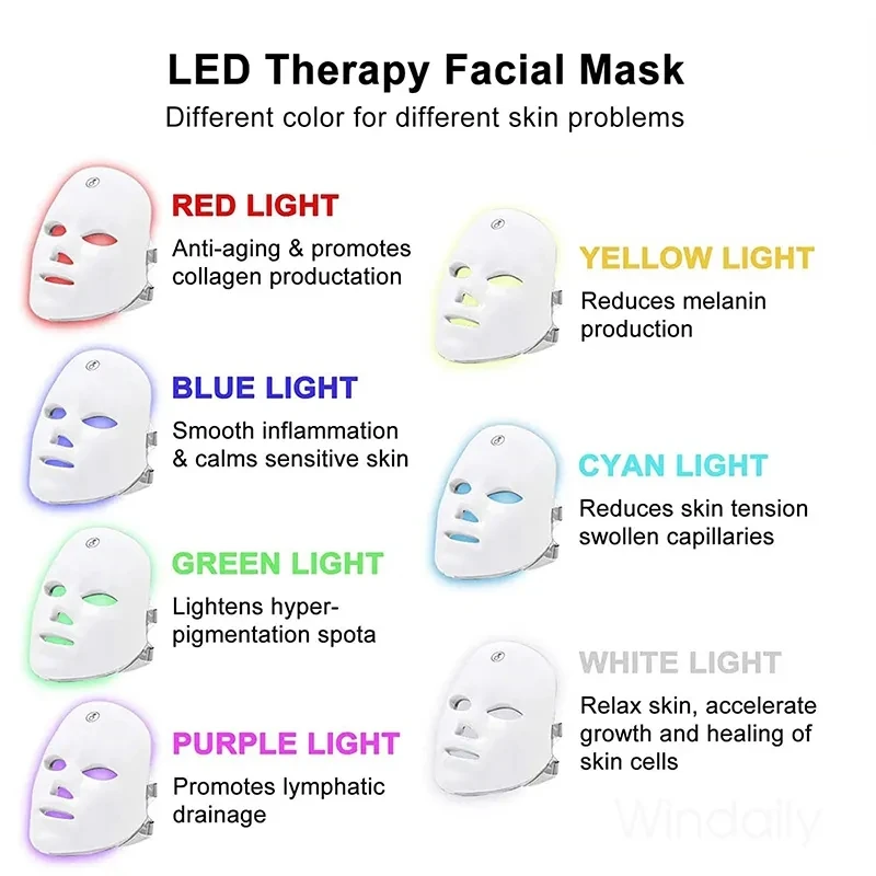 LED Face Mask Therapy Photocall, Máscara Recarregável USB, Anti-Luz, 7 Casais, Acessórios de Beleza