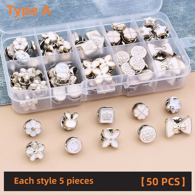 50 Pcs Free Sewing Pearl Rhinestone Button Brooches Pins Prevent Exposure Buttons Badge Coat Clothes Cufflink Shirt Button Set