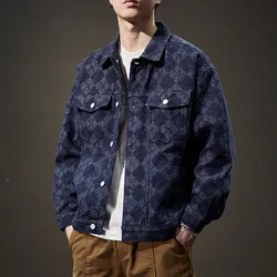 Men's loose large size senior sense jacquard denim coat Spring and autumn new small fragrant style sub jacket