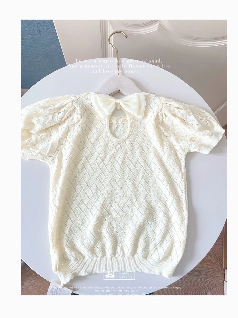 Girls Short-Sleeved Ice Silk Thin Knitwear Bow Hollow Puff Sleeve Top Baby Girl Summer New Style
