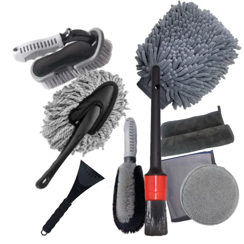 Hot selling car wash tool brush 9-piece set tire brush wheel hub brush snow shovel car wash set, nano fine fiber bristles