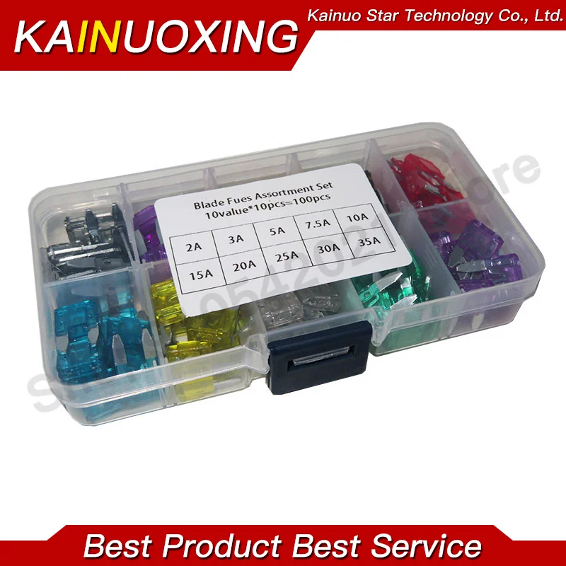 100pcs/lot Mini Auto Fuse 10 Value Car Fuse Blade Kit Assortment with Box 2A 3A 5A 7.5A 10A 15A 20A 25A 30A 35A