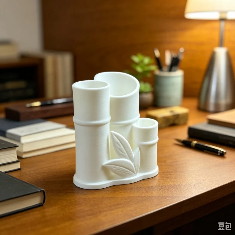 3D Printed Bamboo Shaped Pen Holder,Multi-tube Desk Organizer with Leaf Carving Stationery Storage Plastic Desktop Storage Decor
