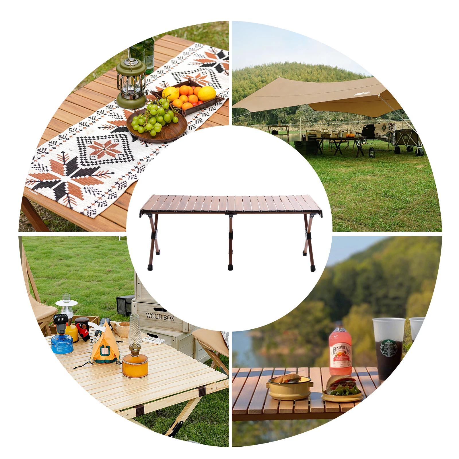 

Folding Camping Table, Aluminum, Portable, Roll-Up Picnic Table, 4-6 Person, BBQ Backyard, Patio Party, Wood Grain