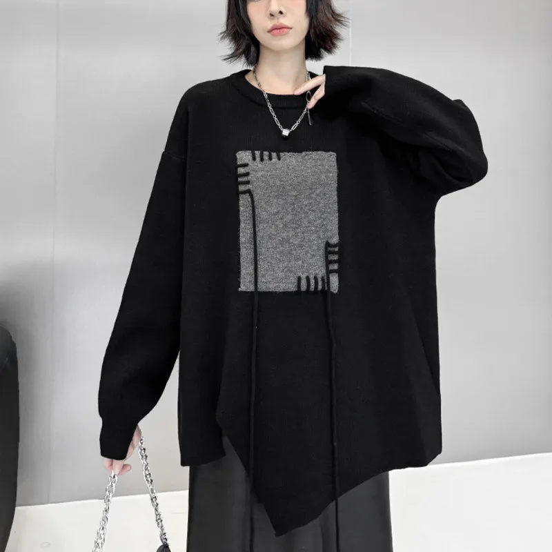 HKSH Autumn Winter New Women Sweater Asymmetric Color Block O-neck Pullover Irregular Hem Dark Trendy Casual Knitted Top HK11987