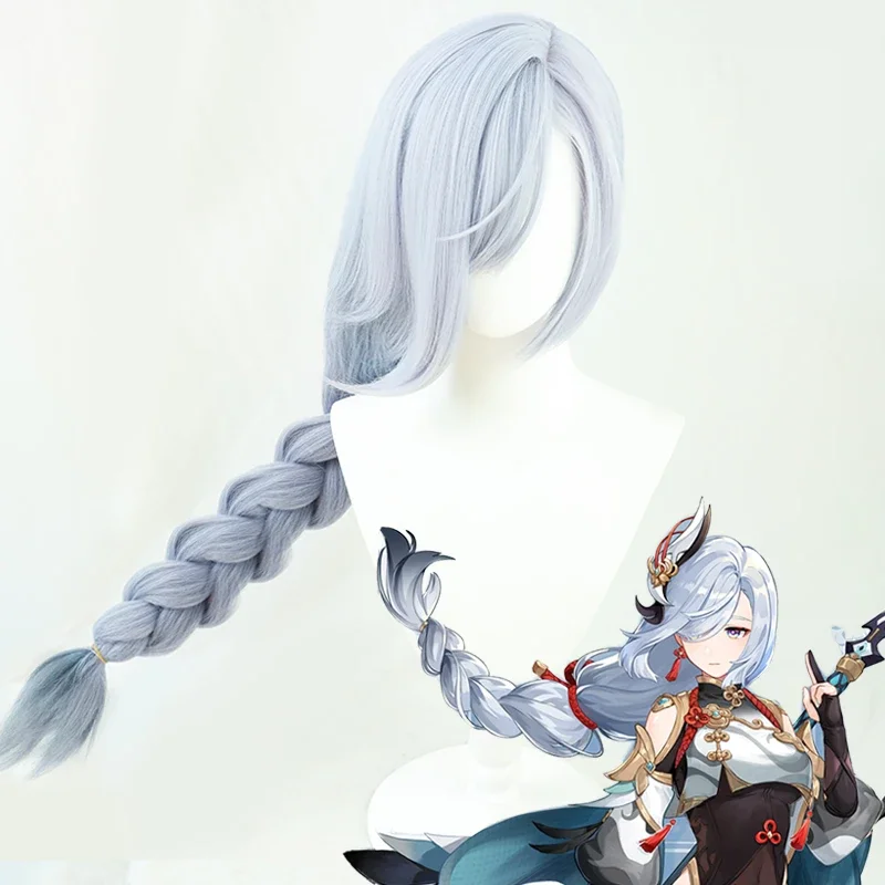 CosplayGame Genshin Impact Shenhe شعر مستعار تأثيري أزرق أبيض اللون الضفائر الطويلة أغطية الرأس مقاومة للحرارة الشعر الاصطناعية 100 سنتيمتر