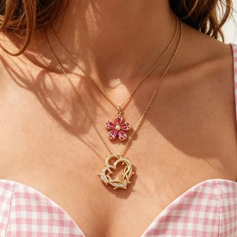 Titanium Steel Zircon-inlaid Openwork Heart Pendant Necklace