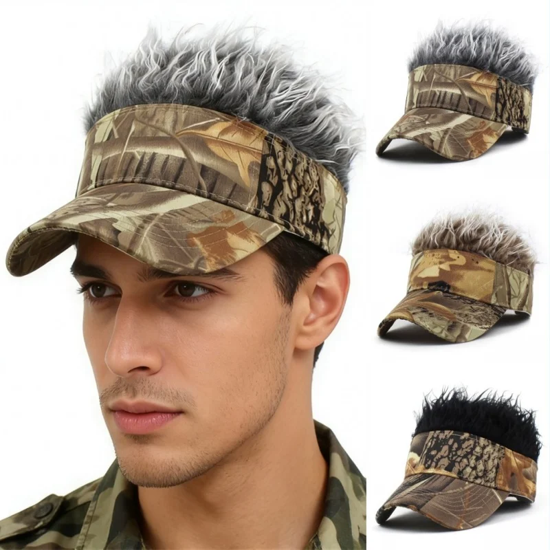 

Mens Jungle Leaf Printed Hunting An-ti UV Sunhat Spiked Hairs Wig Hat Running Sports Baseball Cap Outdoor Hiking Sunshade Visors