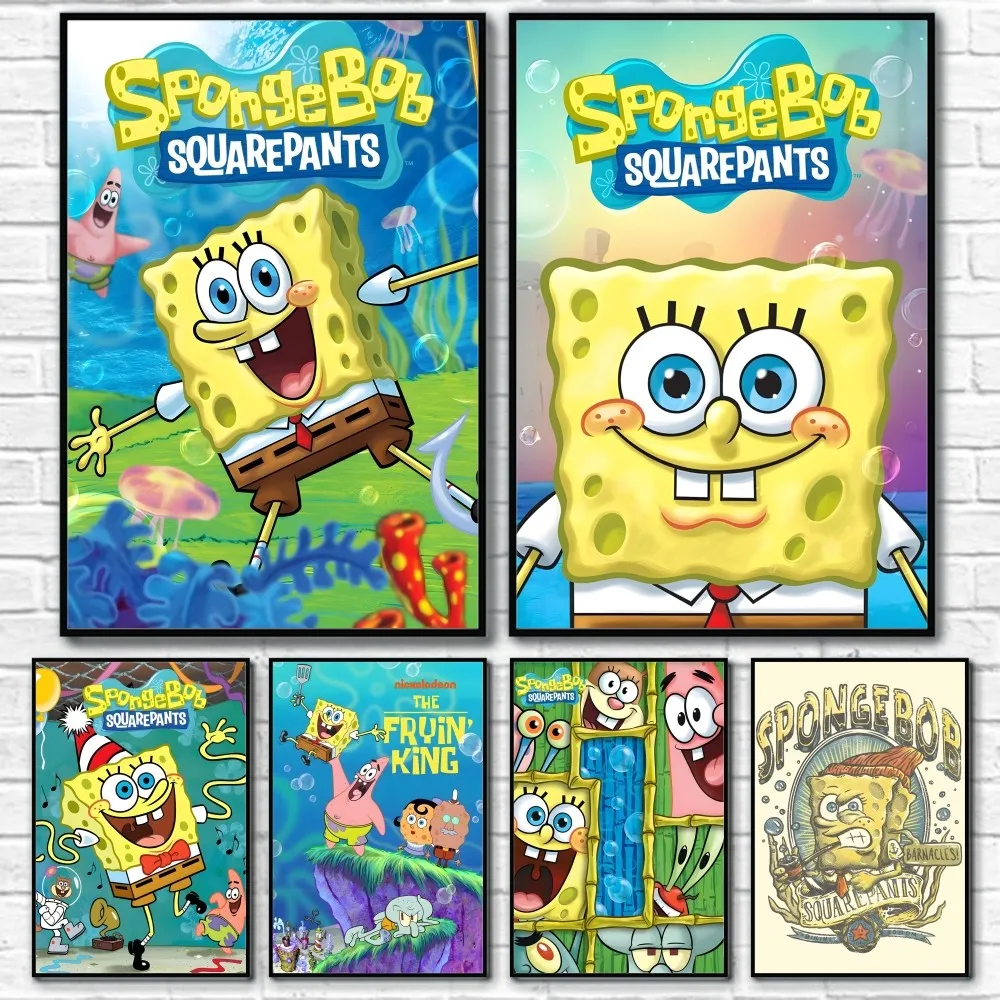 S-SpongeBobS Cute Anime Poster Sticky Wall Art Printing Waterproof Home Living Bed Room Bar Aesthetic Decor