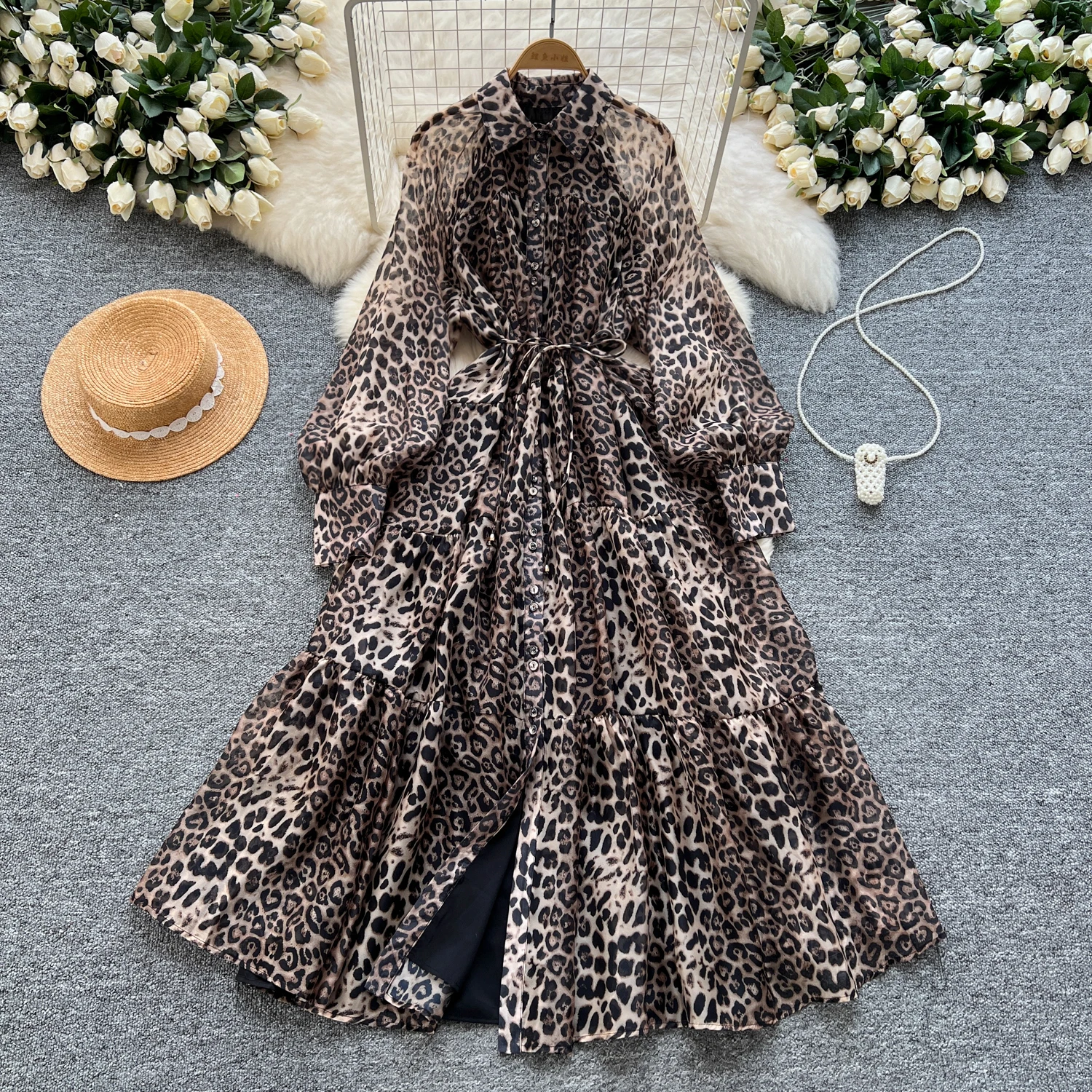 Elegant Long Sleeves Vintage Polo-neck Chic Leopard Single Breasted Mesh Slim Dresses Evening High Street Autumn Winter Clothing