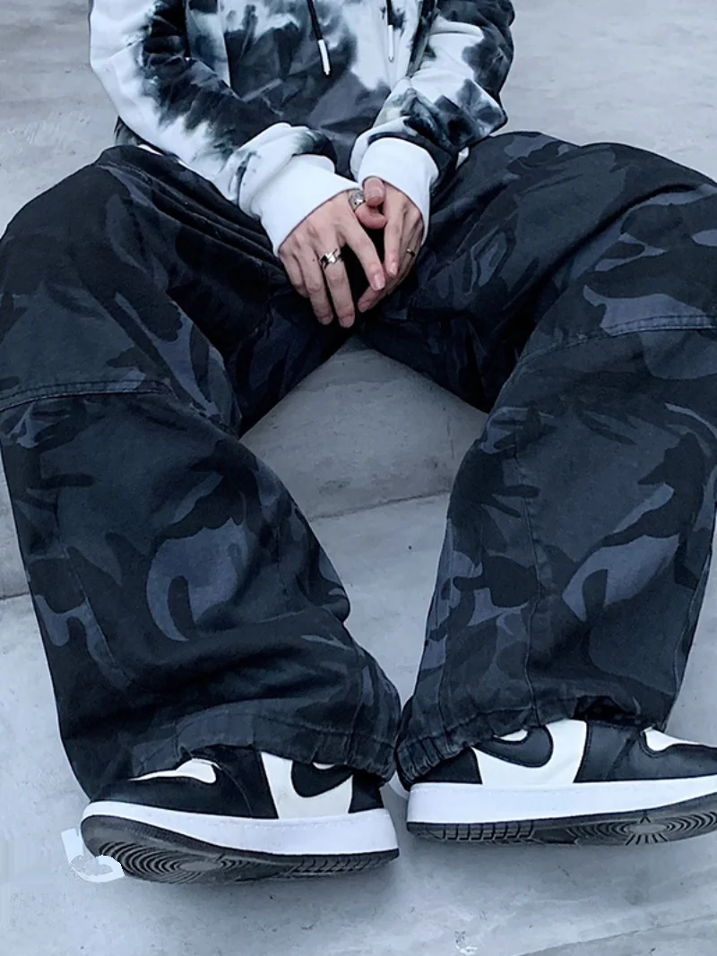 American Retro Camouflage Work Pants Men's Trendy Dstring Cuffed Wide Leg Straight Cut Casual Long Trousers
