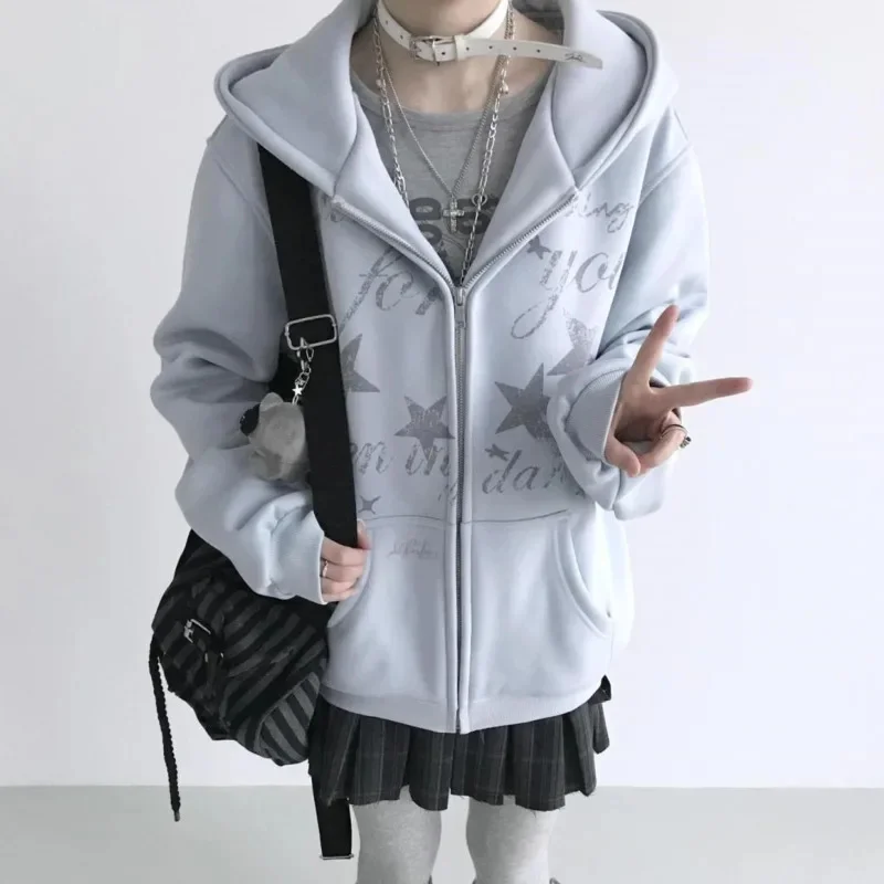 Star Letter Hoodies Girls Punk Y2K Print 100% Cotton Fleece Lined Sweatshirt Winter Sweet Warm Loose High Street Jacket Top New