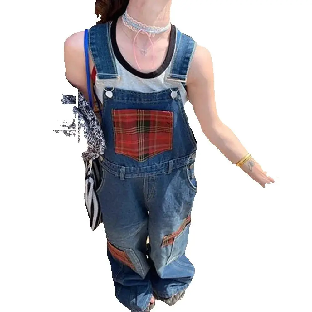 American Retro Spliced ​​Plaid Strap Jeans Design Sense Women'S Spring Summer New Loose Casual Niche Slim Niche Wide-Leg Pants