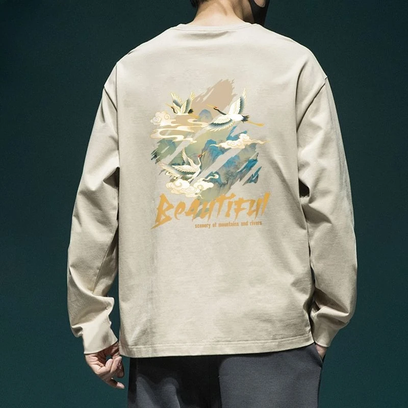 

Мужской пуловер в китайском стиле, топы с круглым вырезом, эластичная футболка, толстовка с длинными рукавами, эмо, повседневная оптовая новинка 100, ℅ Хлопковые мужские футболки