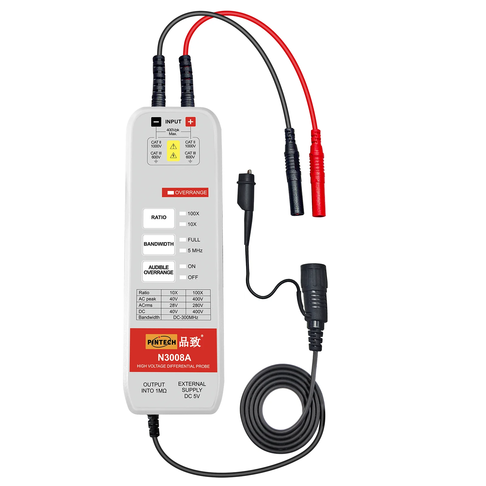 PINTECH N3008A Oscilloscope Probe 300MHz High Voltage Differential Probe 800V 1000X/100X Attenuation 1.2ns Rise Time