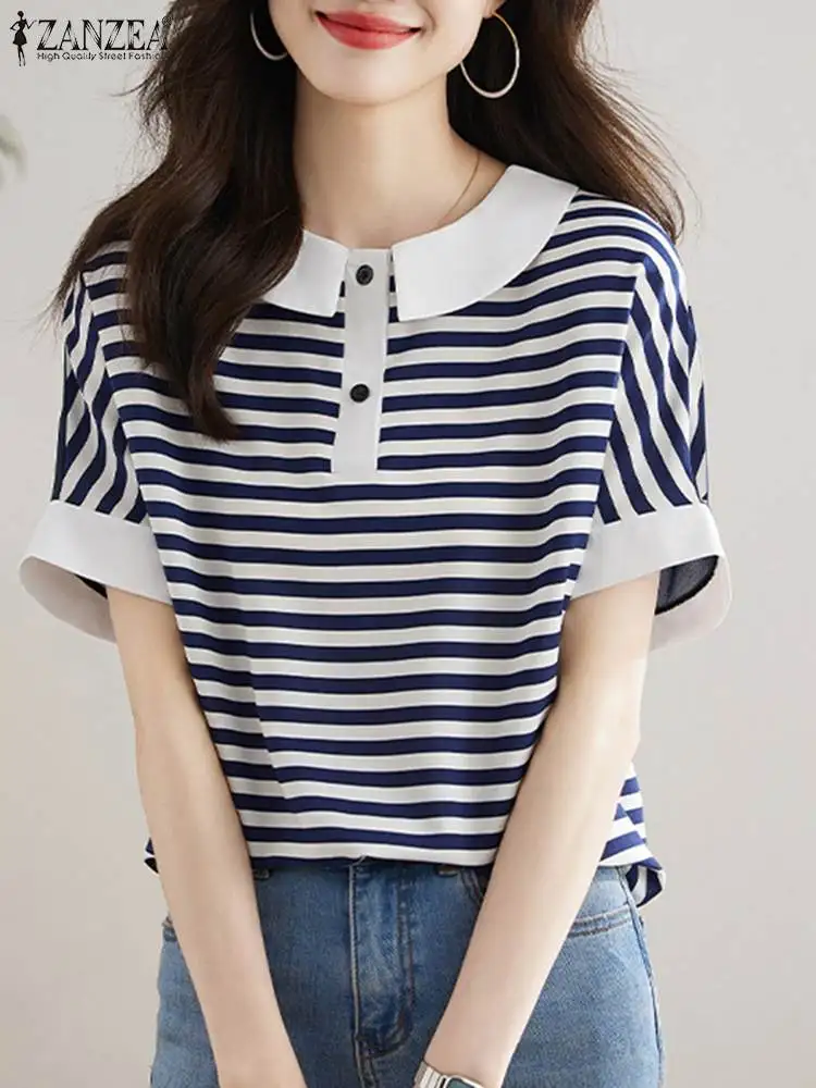 ZANZEA 2024 Summer Stripes Short Blouse Women Patchwork Tops Elegant Office Doll Collar Blusas Korean Slim Holiday Tunic Shirt
