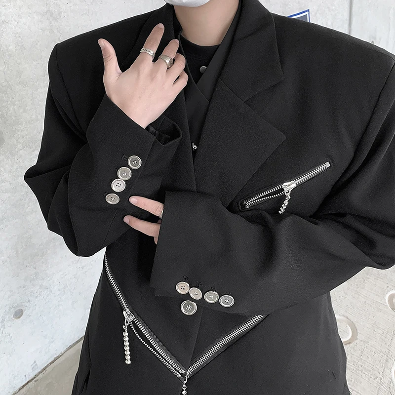 FEWQ Spring Zipper Metal Decoration Design Deconstructed Shoulder Pad Suit 2024 Darkwear Male Blazer New Fashion Tops 24X9162