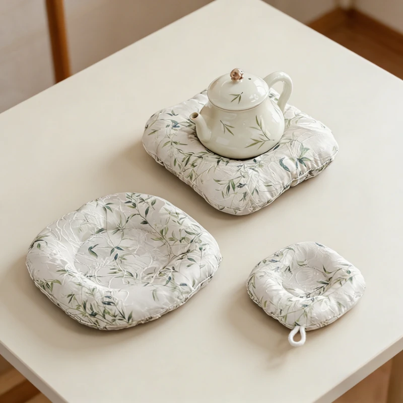 Fresh Style Brocade Embroidered Cloth Cup Mat Tea Pot Pad Anti Scald Heat Insulation Thickened Tea Mat Tray Tea Set Accessories