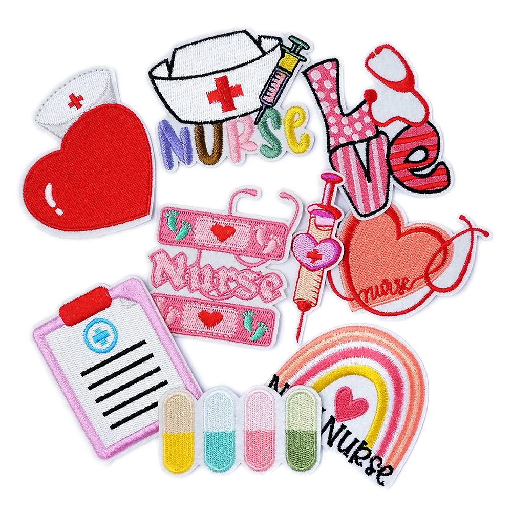 9Pcs/Lot Rainbow Nurse Love Iron on Patches for Clothing Embroidery Applique Ironing Clothing Sewing Supplies Decorative Badges