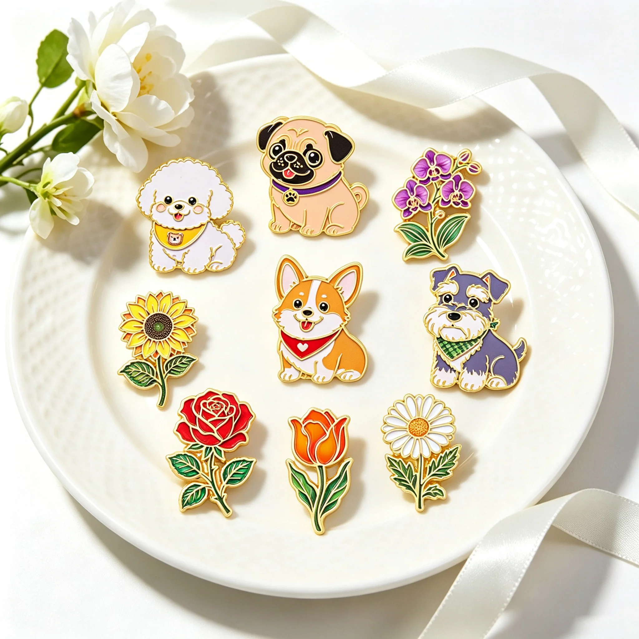 5pcs Enamel Pin Dog Rose Tulip Daisy Lapel Brooch For Jacket Backpack Hat Clothes Bag Accessory For Wear Clothing Decoration