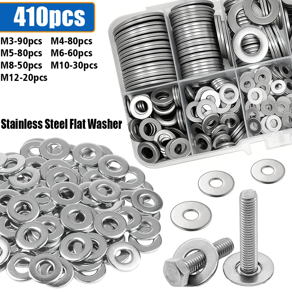 

410-Piece Stainless Steel Flat Washer Set, M3, M4, M5, M6, M8, M10, M12, for home maintenance and industrial applications.