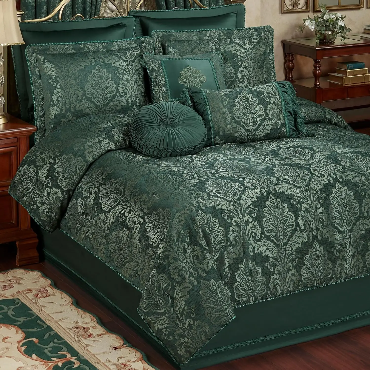 Touch Of Class Camelot Luxury Bedding | Emerald Green | Matte Satin Damask On Richly Textured Jacquard-Woven Chenille Design |