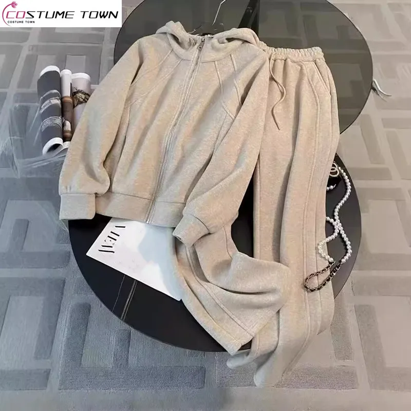 

European and American style autumn and winter new women's fashion hooded top+casual sports wide leg pants two-piece set