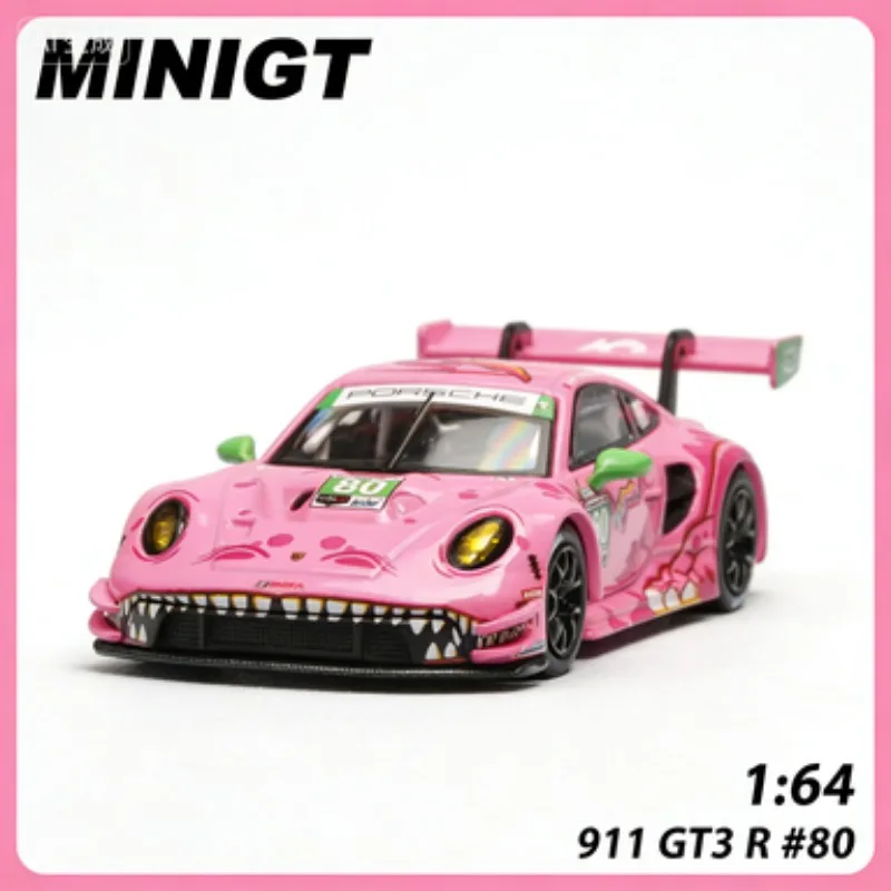 

MINIGT 1:64 911 GT3 R #80 Pink Dinosaur, die-cast alloy car model, gift for boys, adult collectible figurine.
