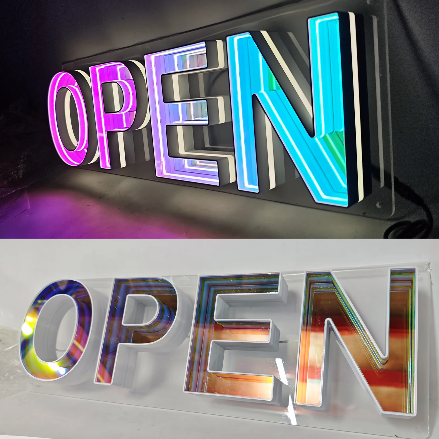 Led OPEN 3D Infinite Mirror Letter Advertising Sign Mirror Custom Luminous Acrylic Neon Letter Sign RGB Board Business Logo Shop