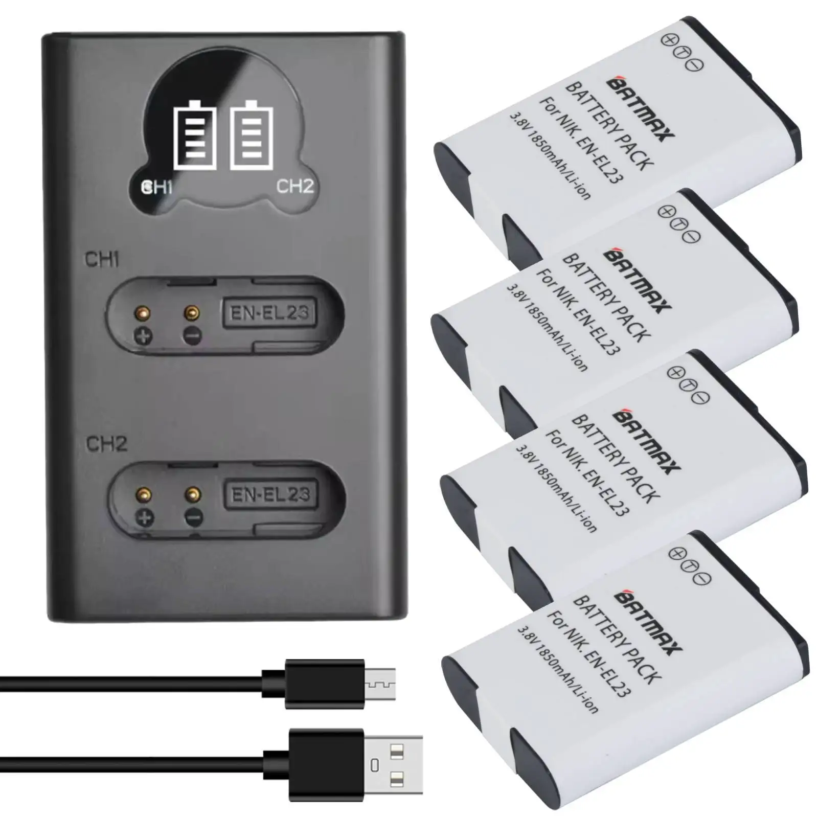 Batmax 1850mAh EN-EL23 EL23 Battery+LED USB Dual Charger For Nikon Coolpix B700, P600, P610, P610s, P900, P900s, S810c Camera