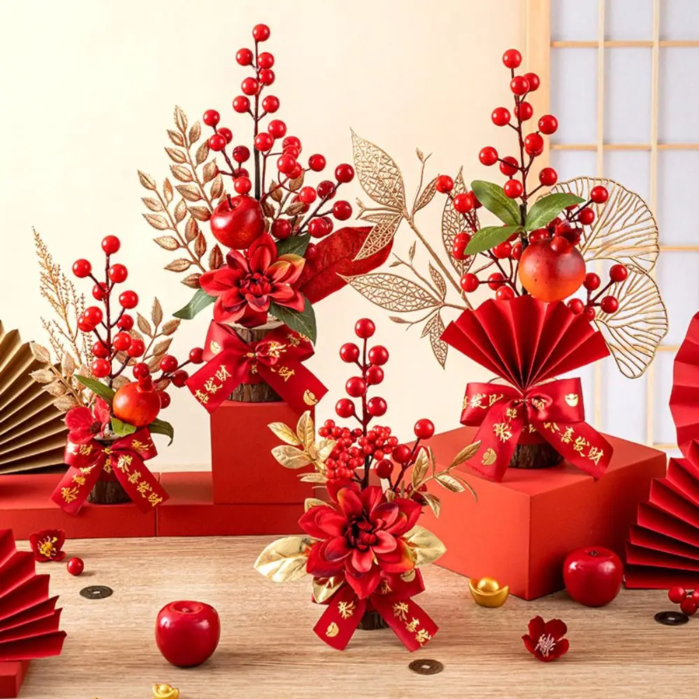 Chinese Artificial Flowers Plants Pots Get Rich Good Luck New Year Pots Tabletop Decoration Red Berry Branch Wedding Pots