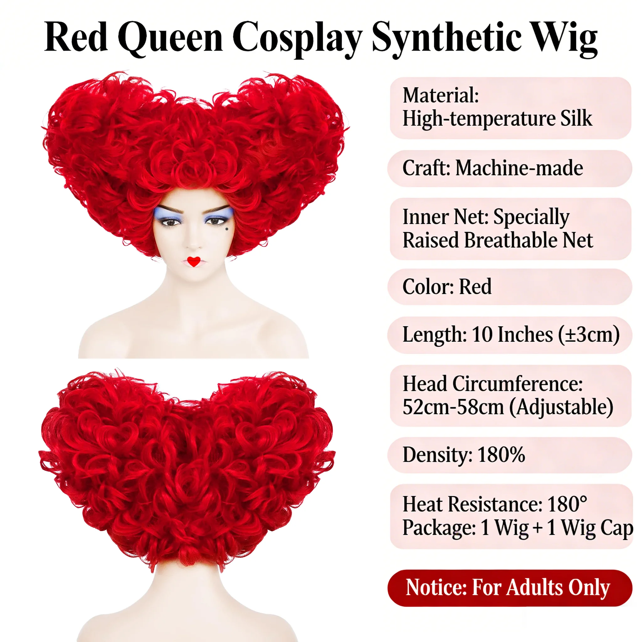 Red Queen Cosplay Wig Queen of Hearts Heart Shaped Bright Red Curly Wig Heat Resistant Synthetic Hair for Halloween Anime Expo