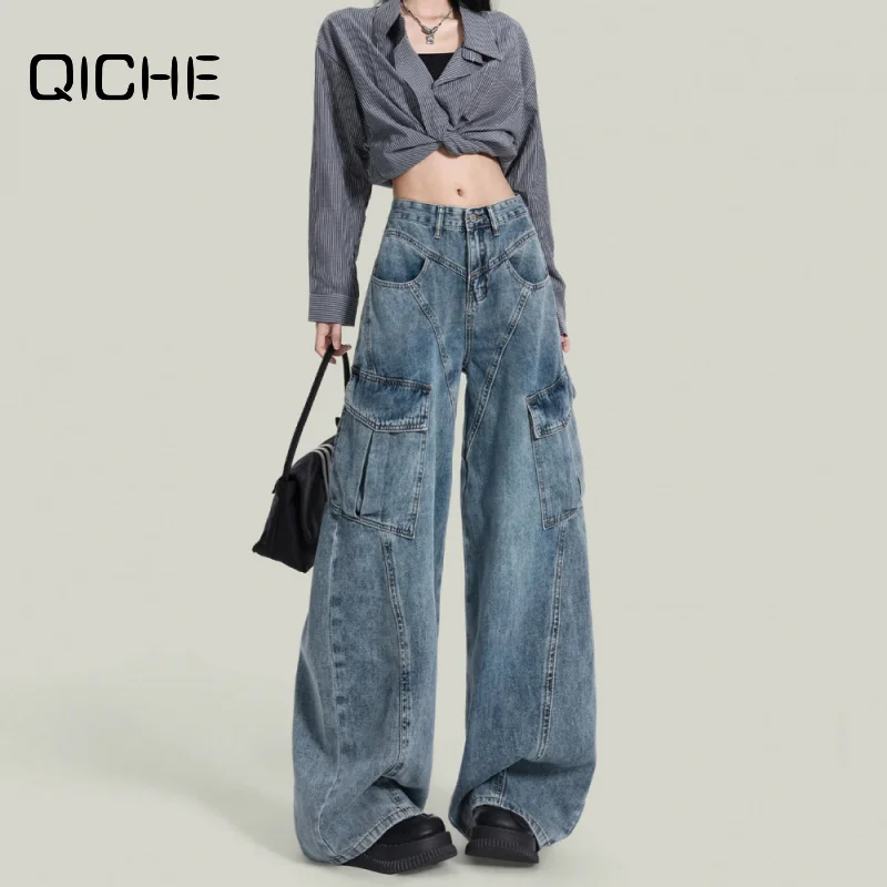 QICHE 2026 Autumn American Vintage High Street Blue Curved Wide Leg Cargo Denim Pants for Women, High Waist Draping Petite Jean