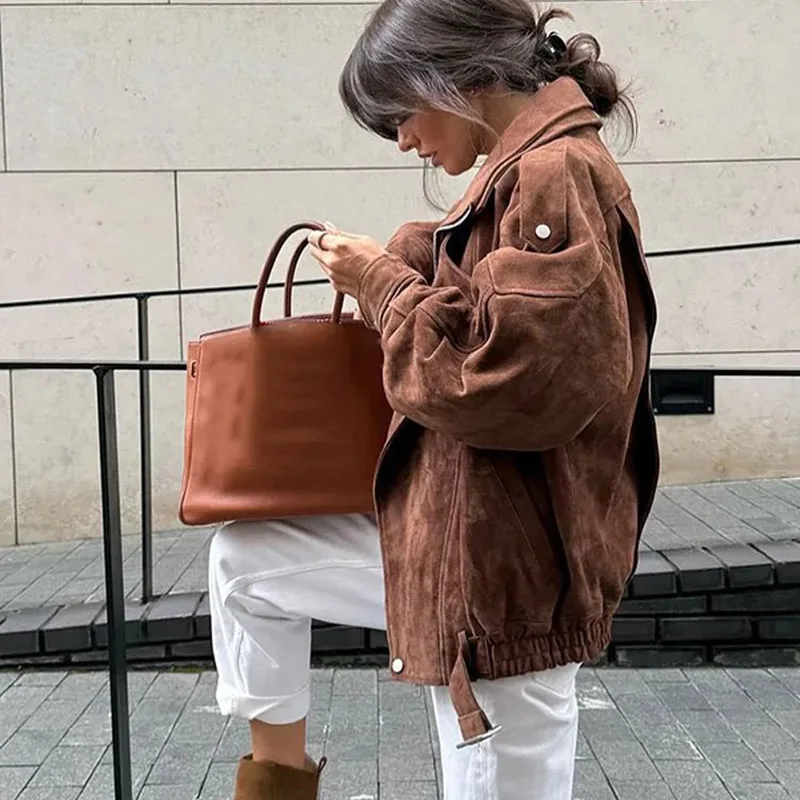 PRINTKAOIR حزام للنساء سترات قصيرة من جلد الغزال فضفاضة التلبيب كم طويل سستة معاطف 2025 الربيع سيدة خمر الإناث أبلى الشارع