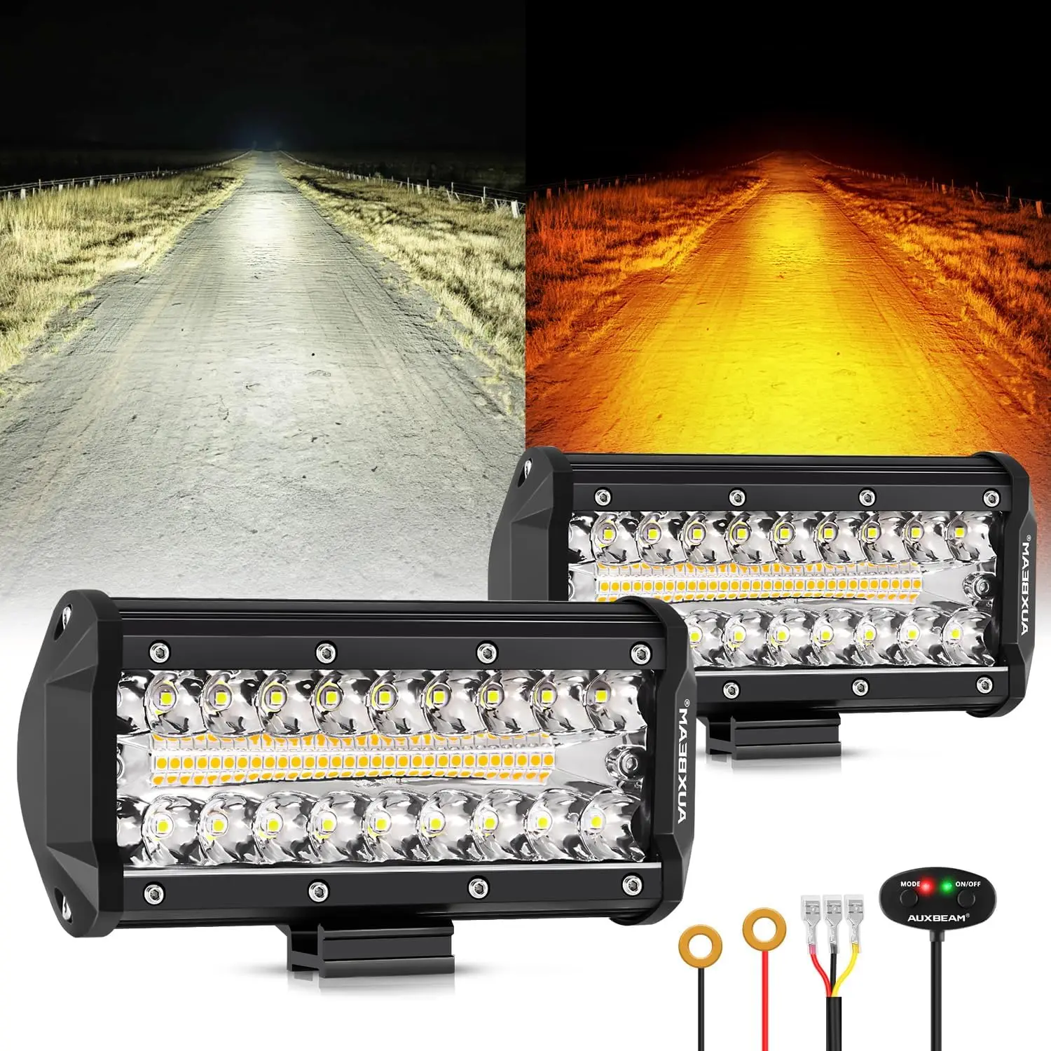 

6 Modes Amber White 7" 300W LED Light Bar, Flashing Strobe Pods Spot Flood Combo for Jeep Car Motorcycle ATV UTV SUV Pair