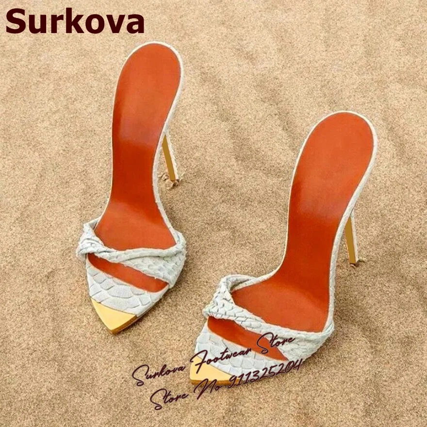 Surkova snakeskin twisted band high heel mules golden steel tip toe outside modern slippers stiletto heel slip on summer sandals