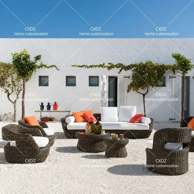 Outdoor Rattan Sofa Set 3 Piece Wicker Patio Furniture for Balcony Courtyard Garden Weaving Open Air Pastoral Style