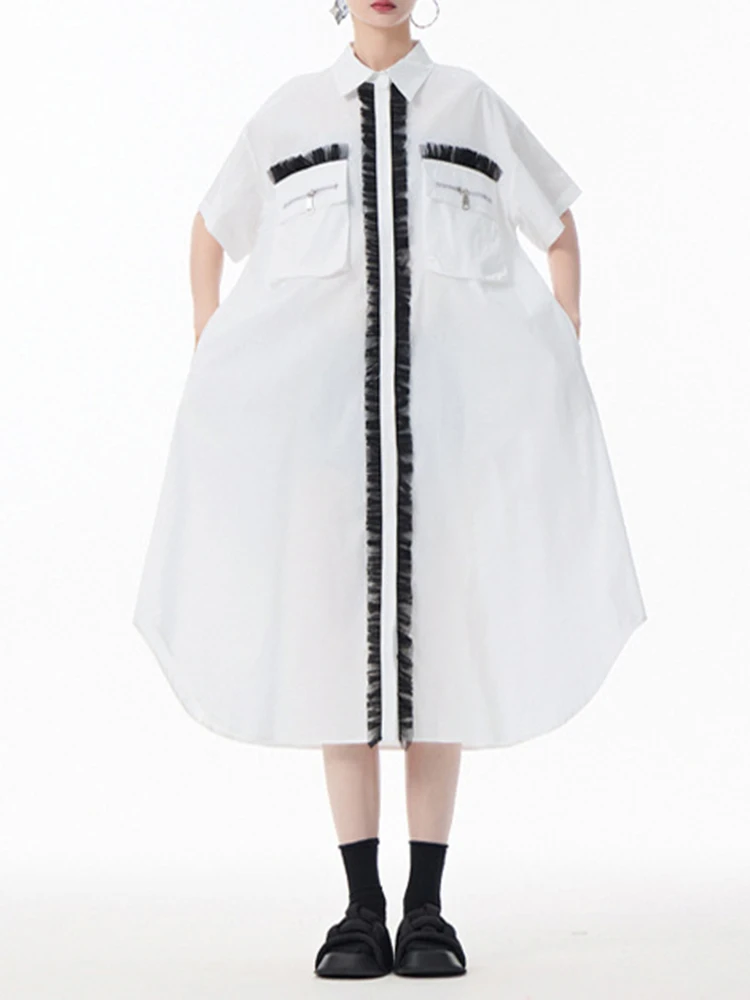 Yermora feminino branco emendado malha babados botão vestido casual lapela manga curta solta fashoin maré primavera verão 2025 novo