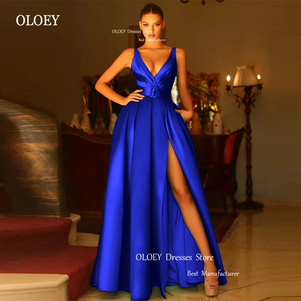 

OLOEY 2023 New Royal Blue Satin Evening Dresses Arabic V Neck Split Women Long Party Prom Gowns Occasion Event Vestidos